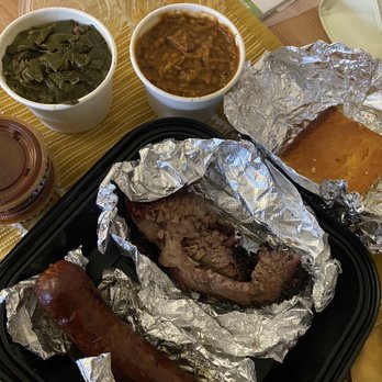 Bludso's BBQ - Collard Greens - Half Pint Baked Beans - Half Pint Cornbread - Each Brisket - 1/4 lb. Texas Red Hot (Beef Link) - Barbeque Near Me - Los Angeles, California Bludso's BBQ - Collard Greens - Half Pint Baked Beans - Half Pint Cornbread - Each Brisket - 1/4 lb. Texas Red Hot (Beef Link) - Barbeque Near Me - Los Angeles, California