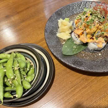 Ryoshi Sushi & Izakaya - Salmon Tower Roll Garlic Edamame - Sushi Bars Near Me - Bend, Oregon