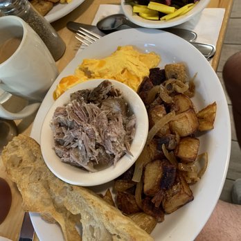 Over Easy - Over easy Plate with kahuna pork, focaccia, potatoes and a side of pickled veggies - Breakfast & Brunch Near Me - Kailua, Hawaii