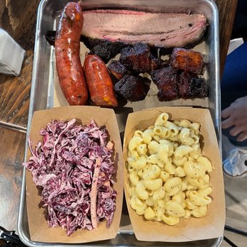 Heim Barbecue - River - Brisket, sausage, and burnt ends combo with cole slaw and mac n cheese - Barbeque Near Me - Fort Worth, Texas