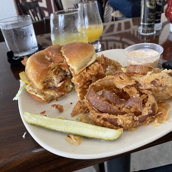 Cask & Ale - Chicken sandwich with onion rings. - New American Near Me - Sarasota, Florida Cask & Ale - Chicken sandwich with onion rings. - New American Near Me - Sarasota, Florida