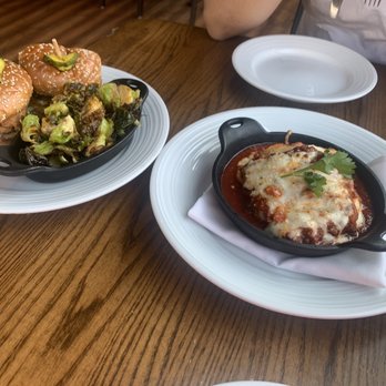 Pinstripes - Crispy chicken sandwich w/Brussel Sprouts Lasagna - Bowling Near Me - North Bethesda, Maryland