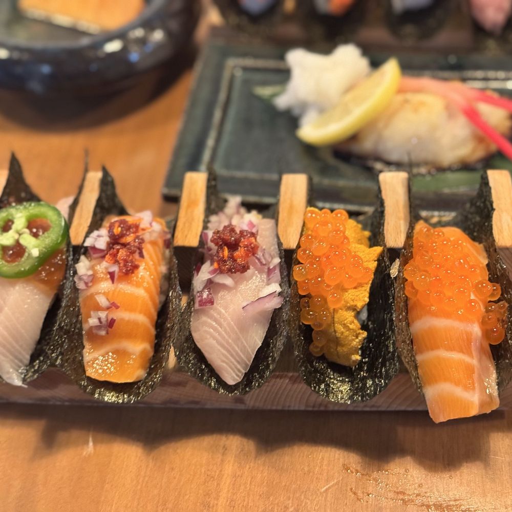 yellowtail with jalapeño, salmon with crunchy chili, yellow tail with crunchy chili, uni + ikura, salmon + ikura