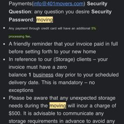 401 Moving  Storage - sorry, what? Who pays upon pickup, before goods are delivered in good shape? Sign of a scam!