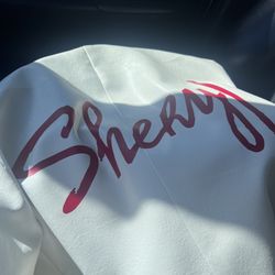 Elosh Clothing Customized Apparel & Screen Print - White faux leather jacket print of movie title.