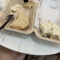 Sesame bagel with date (left) and jalapeño cream cheese
