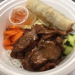 Jad Jaan Thai Vietnamese - BBQ Pork Bunn w Pork Spring Roll and Rice angel hair noodle