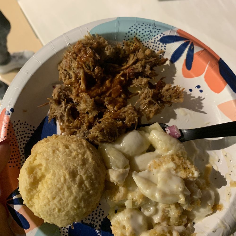 Pulled pork, cornbread, and White Cheddar Mac N Cheese Pulled pork, cornbread, and White Cheddar Mac N Cheese