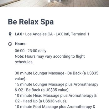 Be Relax - Calling all priority pass holders! What a great way to escape the crowd in Terminal 1. - Massage Near Me - Los Angeles, California Be Relax - Calling all priority pass holders! What a great way to escape the crowd in Terminal 1. - Massage Near Me - Los Angeles, California