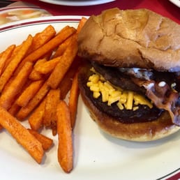 Bacon BBQ Burger with sweet potato fries