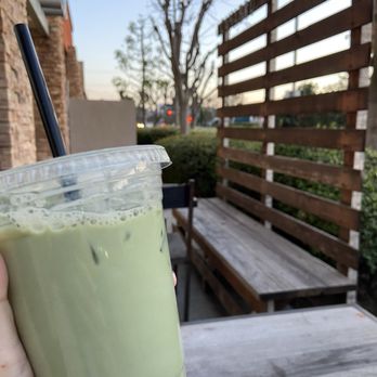 Canabru Coffee - Iced Matcha Latte and the small outside patio - Coffee & Tea Near Me - Chino, California