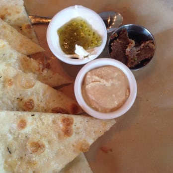 Oak Wood Fire Kitchen - The Hat Trick (Oak bread with three dipping sauces: hummus, bacon jam, and jalapeño jelly/marscapone cheese. - Pizza Near Me - Draper, Utah Oak Wood Fire Kitchen - The Hat Trick (Oak bread with three dipping sauces: hummus, bacon jam, and jalapeño jelly/marscapone cheese. - Pizza Near Me - Draper, Utah
