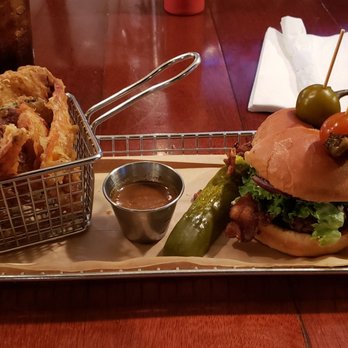 Hops Burger Bar - Fried Zucchini chips, Spicy Goat Burger, added onions but I recommend asking for grilled jalapenos too if your more of a Spicy food person. - Burgers Near Me - Greensboro, North Carolina Hops Burger Bar - Fried Zucchini chips, Spicy Goat Burger, added onions but I recommend asking for grilled jalapenos too if your more of a Spicy food person. - Burgers Near Me - Greensboro, North Carolina