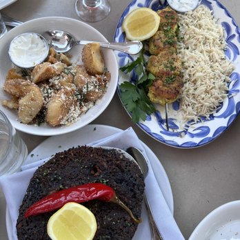 Aba - Crispy Potatoes (top left), Chicken Kefta (top right), Black Garlic Shrimp (bottom center) - Mediterranean Near Me - Chicago, Illinois