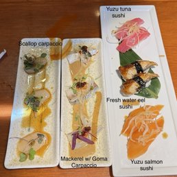 Scallop Carpaccio, Mackerel w/ Goma Carpaccio