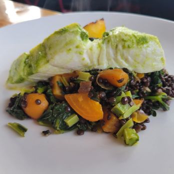 Bay City Kitchen - Halibut seasoned with a nettle pesto with lentils and veggies. - Tapas/Small Plates Near Me - Bay City, Oregon Bay City Kitchen - Halibut seasoned with a nettle pesto with lentils and veggies. - Tapas/Small Plates Near Me - Bay City, Oregon