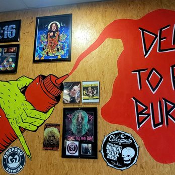 Grill 'Em All - Interior - "Death To False Burgers" Wall (01/09/24). @GrillEmAll #Alhambra #HeavyMetal #Burgers #Beer - Burgers Near Me - Long Beach, California