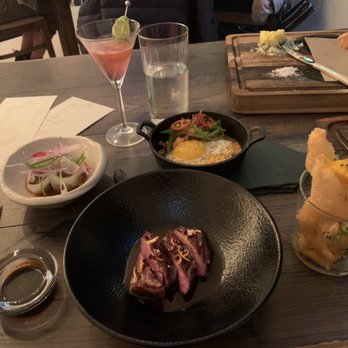 Pêche Restaurant - Duck in hoisin, too left to right, dumplings, fried egg, tempura squash - New American Near Me - Palisade, Colorado