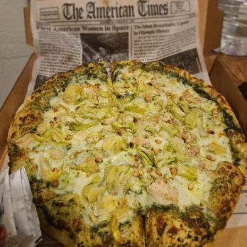 Whoo's Donuts - The Cali pizza (pesto, cheese, pine nuts, chicken, artichoke). Delicious. - Donuts Near Me - Santa Fe, New Mexico