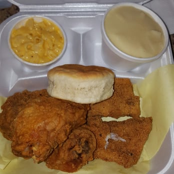 Crispy Fried Chicken - 2 dark pieces with 2 fried catfish fillets mashed potatoes with no gravy and Mac and cheese - Chicken Wings Near Me - San Diego, California Crispy Fried Chicken - 2 dark pieces with 2 fried catfish fillets mashed potatoes with no gravy and Mac and cheese - Chicken Wings Near Me - San Diego, California