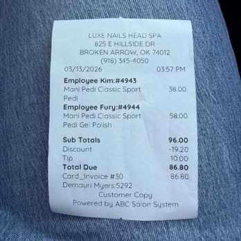Luxe Nails & Head Spa - Receipt - Nail Salons Near Me - Broken Arrow, Oklahoma Luxe Nails & Head Spa - Receipt - Nail Salons Near Me - Broken Arrow, Oklahoma