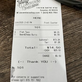 Oscar’s Taco Shop - Receipt from Feb 2025 - Mexican Near Me - Surprise, Arizona Oscar’s Taco Shop - Receipt from Feb 2025 - Mexican Near Me - Surprise, Arizona