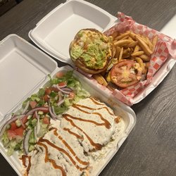 GTR Burgers Halal - GTR Beef Burger GT Chicken Chapli Kabob Over Rice