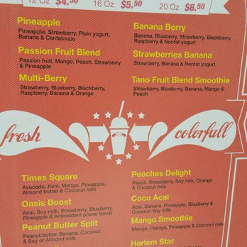 Oasis Jimma Juice Bar - Menu, as of August 2016 - Juice Bars & Smoothies Near Me - New York, New York