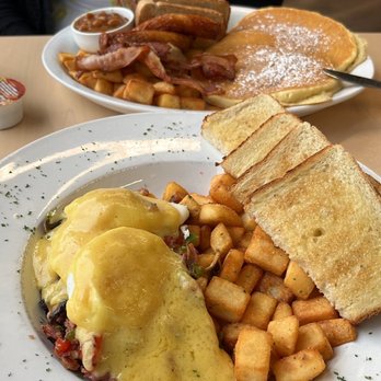 Features - a plate of food with eggs, pancakes, and hash browns - Breakfast & Brunch Near Me - Stratford, Ontario