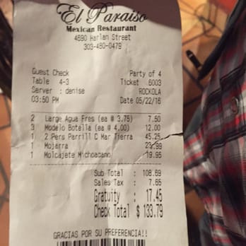 El Paraiso - Tip included in the overall payment without our notice or consent - Mexican Near Me - Lakeside, Colorado El Paraiso - Tip included in the overall payment without our notice or consent - Mexican Near Me - Lakeside, Colorado
