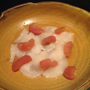 Trust - Scallops , the freshest ever! Topped with pickled rhubarb slices and topped with bacon fat - Tapas/Small Plates Near Me - Santa Ana, California Trust - Scallops , the freshest ever! Topped with pickled rhubarb slices and topped with bacon fat - Tapas/Small Plates Near Me - Santa Ana, California