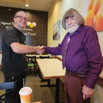 Scramblers - Chad on the left shaking hands with my friend after our meal. - Breakfast & Brunch Near Me - Canton, Ohio