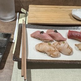 Scallop roll, toro, halibut and blue fin Scallop roll, toro, halibut and blue fin