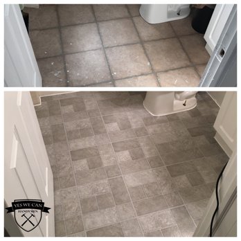 Yes We Can Handymen - Vinyl tiles and a fresh bead of calking make an old bathroom look great for less. - Handyman Near Me - Denver, Colorado Yes We Can Handymen - Vinyl tiles and a fresh bead of calking make an old bathroom look great for less. - Handyman Near Me - Denver, Colorado