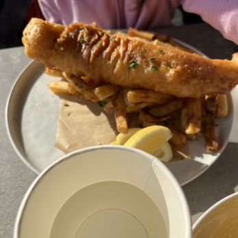Abel's Lobster - Fish and chips:  batter fried hake on a bed of hand cut French fries - Seafood Near Me - Mount Desert, Maine