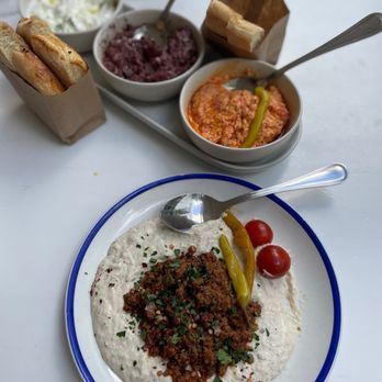 Mandolin Aegean Bistro - Ali Nazik - ground lamb over smoked eggplant yogurt - Mediterranean Near Me - Miami, Florida