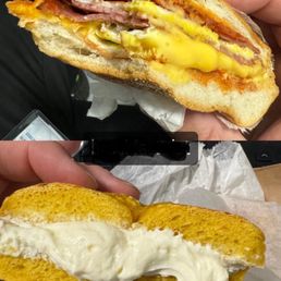 Taylor Ham x2 egg and cheese, hard roll (pk). Egg bagel w cc Taylor Ham x2 egg and cheese, hard roll (pk). Egg bagel w cc