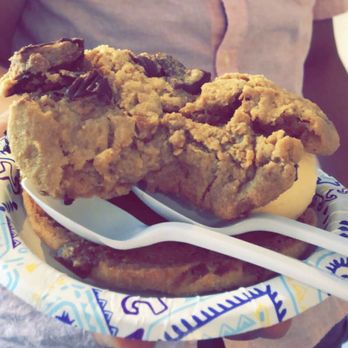 Insomnia Cookies - Large chocolate chip peanut butter cup cookies with vanilla ice cream - Desserts Near Me - Worcester, Massachusetts