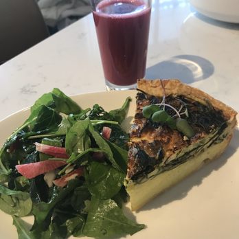 SŌW Plated - Quiche of the day with a green salad and a beet juice - New American Near Me - Upper Arlington, Ohio SŌW Plated - Quiche of the day with a green salad and a beet juice - New American Near Me - Upper Arlington, Ohio