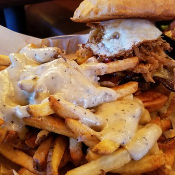 Broderick - Johnny Cash burger with fried egg. Upgraded fries with gorgonzola and mushroom sauce. - Burgers Near Me - Walnut Creek, California