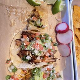 Tacos: pollo, carnitas & chicharrón. Tasty and the service was excellent. I wish they had frescos naturales. Otherwise it was good. Tacos: pollo, carnitas & chicharrón. Tasty and the service was excellent. I wish they had frescos naturales. Otherwise it was good.