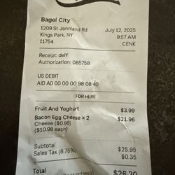 Bagel City - $11 each for those ham egg and cheese sandwiches...