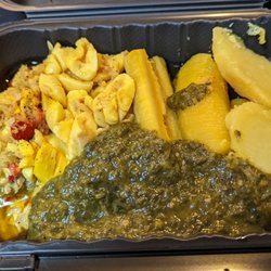 Stewed fish, plantains, potato, and incredible spinach!!