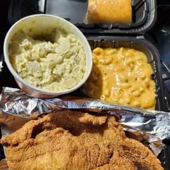 Southern Grace Eats - Fried catfish dinner with mac & cheese, potato salad and cornbread. - Southern Near Me - Cincinnati, Ohio