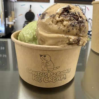 Dantes Serious Icecream - Double scoop of matcha and brownie espresso pretzels - Ice Cream & Frozen Yogurt Near Me - Westminster, Colorado Dantes Serious Icecream - Double scoop of matcha and brownie espresso pretzels - Ice Cream & Frozen Yogurt Near Me - Westminster, Colorado
