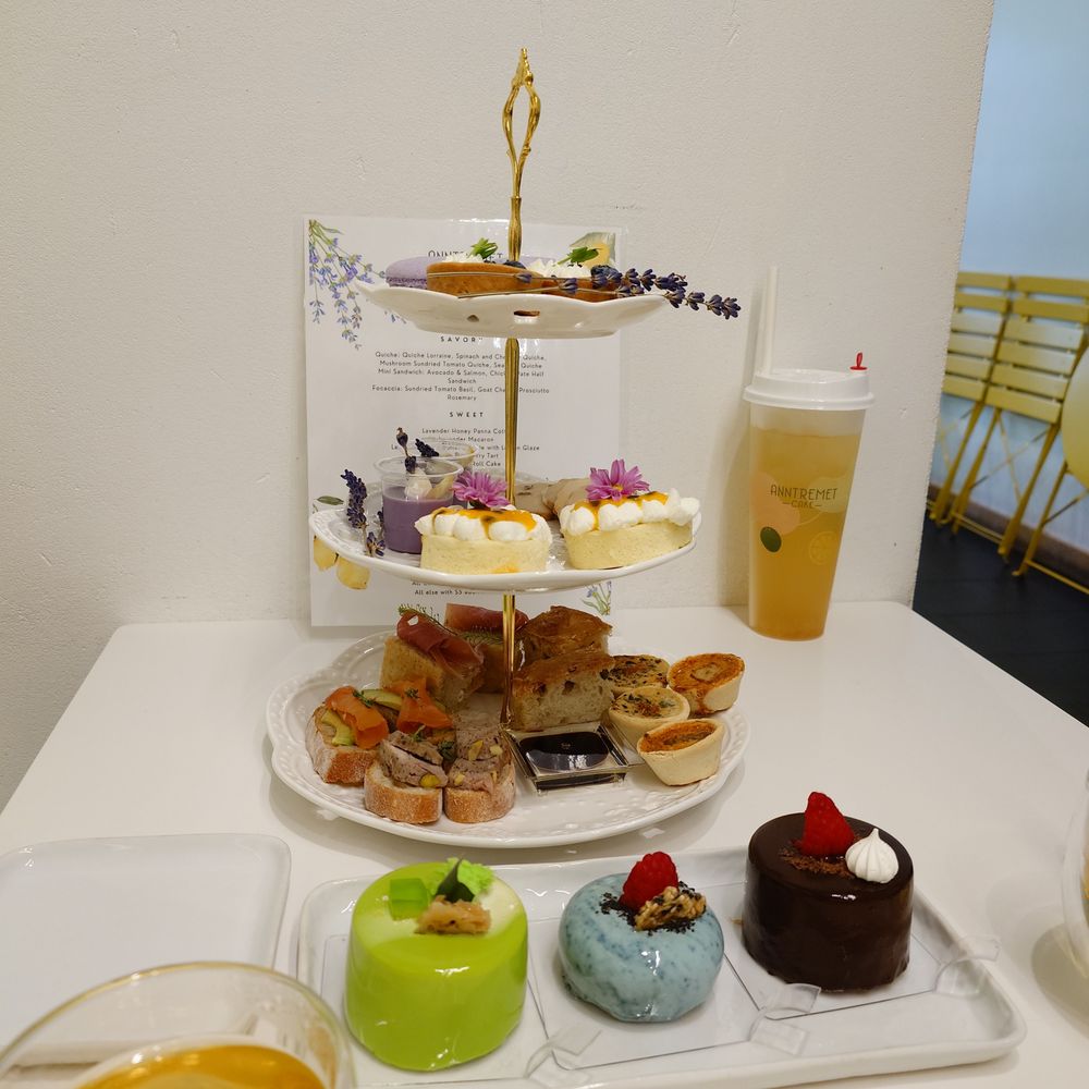 Anntremet afternoon tea tiered stand and mousse cakes Anntremet afternoon tea tiered stand and mousse cakes