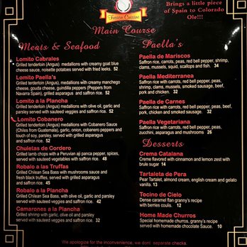 Paellas Restaurant - Menu 1/2 (Feb 2023) - Spanish Near Me - Winter Park, Colorado