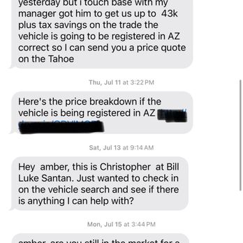 Bill Luke Santan - Chris text message showing 43k for trade - Auto Repair Near Me - Gilbert, Arizona Bill Luke Santan - Chris text message showing 43k for trade - Auto Repair Near Me - Gilbert, Arizona