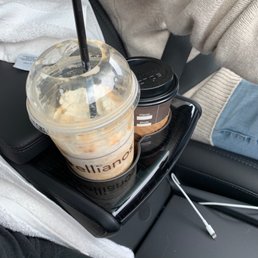Large Carmella and small coffee with cream and sugar.