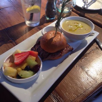Sur at The Barnyard - Prime rib slider, cup of artichoke soup with saffron & side of fruit. - New American Near Me - Carmel, California Sur at The Barnyard - Prime rib slider, cup of artichoke soup with saffron & side of fruit. - New American Near Me - Carmel, California